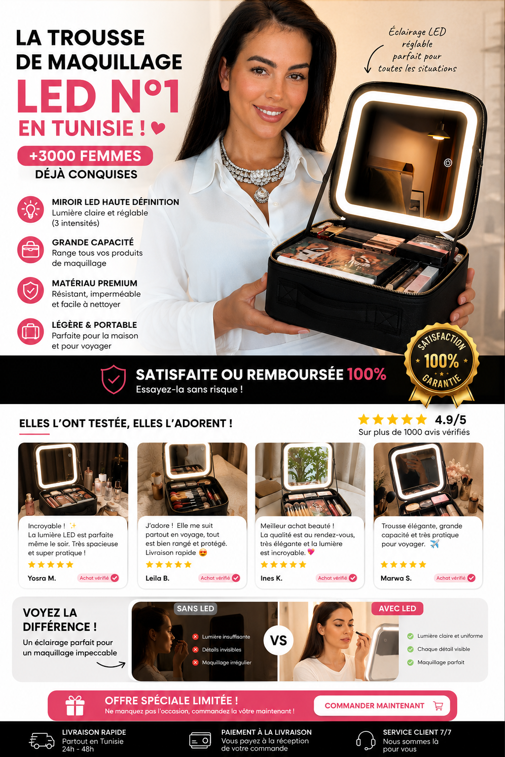 Trousse Maquillage avec Miroir LED 3 Modes
Tout ton maquillage au même endroit — pratique à la maison & en voyage.